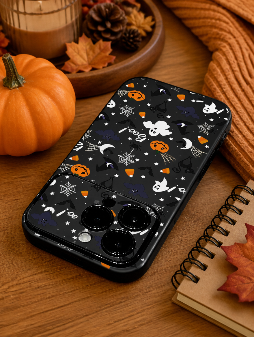 Ghost & Pumpkin Phone Case on a desk with fall decor
