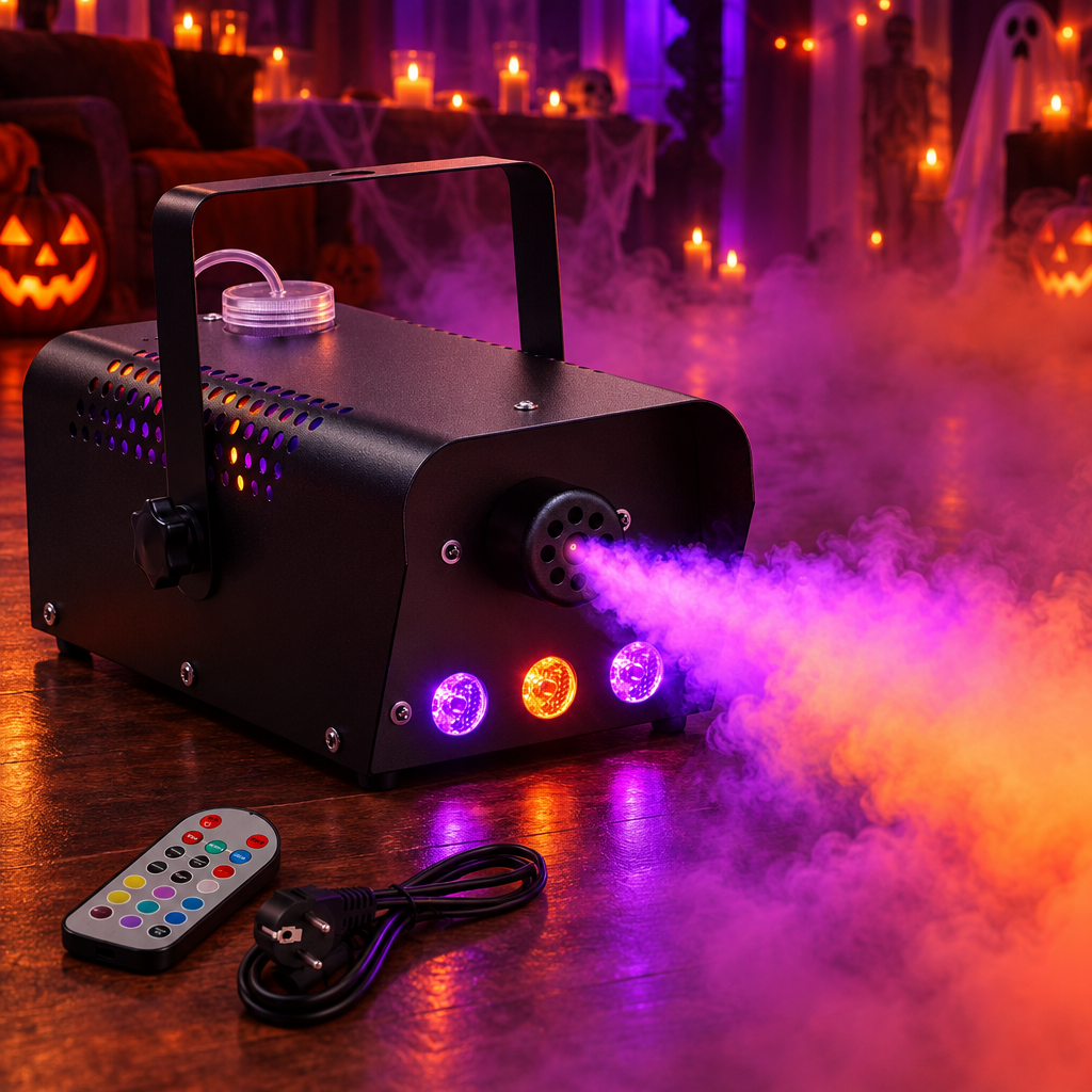 500W RGB fog machine with remote making purple fog (AI-styled scene)