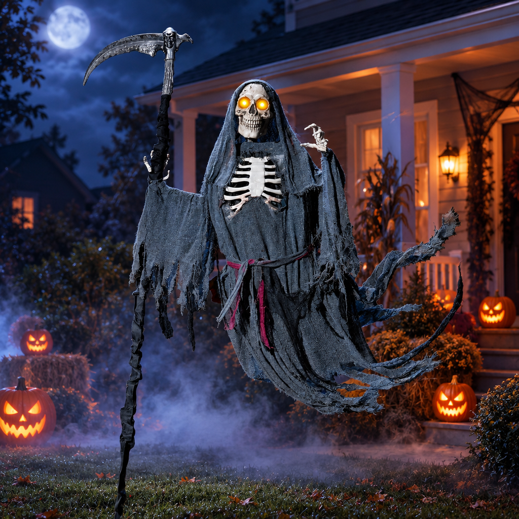 6 ft flying grim reaper in a foggy front yard at night (AI-styled scene)