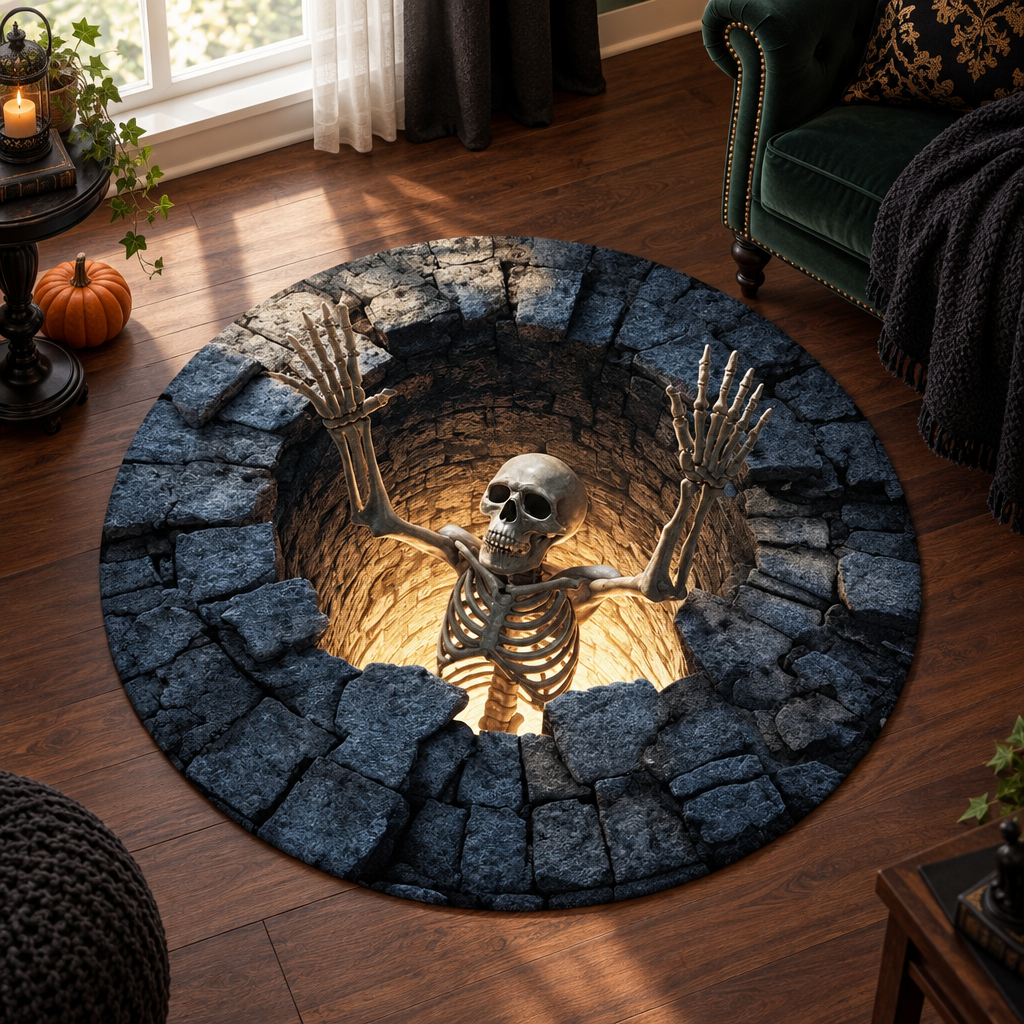 Skeleton illusion round rug on a living room floor (AI-styled scene)