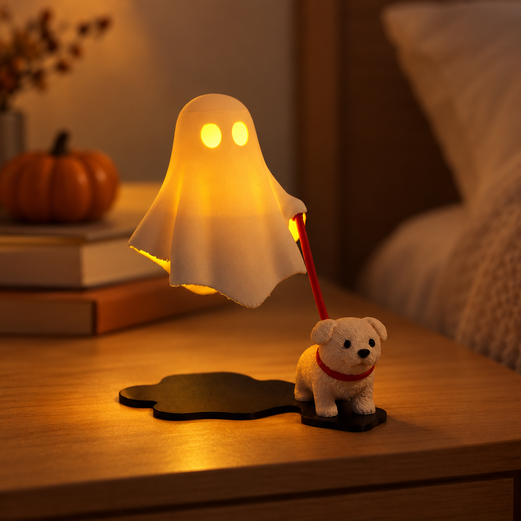 Ghost & Dog Night Light glowing warm on a bedroom nightstand (AI-styled scene)