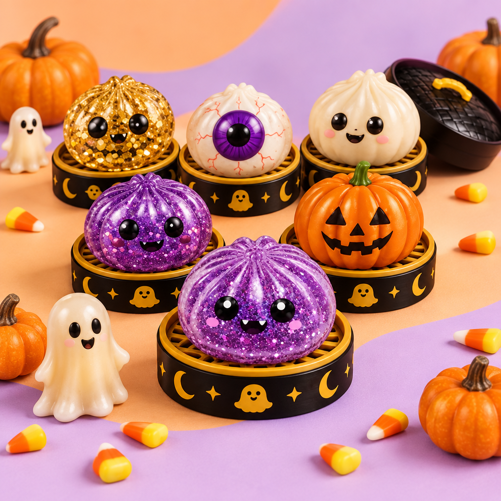 Halloween dumpling squishies in assorted designs (AI-styled scene)