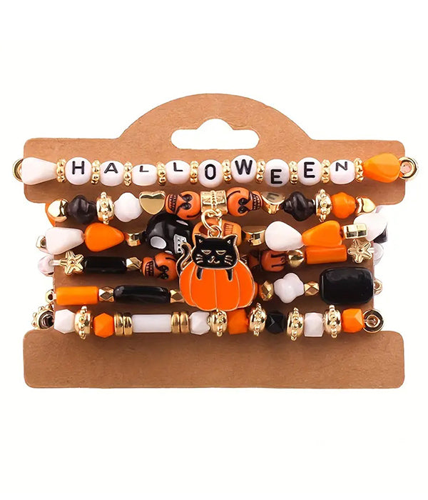 Halloween Cat & Pumpkin Bead Bracelets — Set of 6
