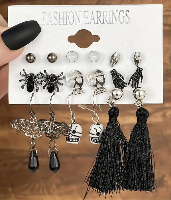 Halloween Earrings — 9-Pair Spider, Skull & Bat Set