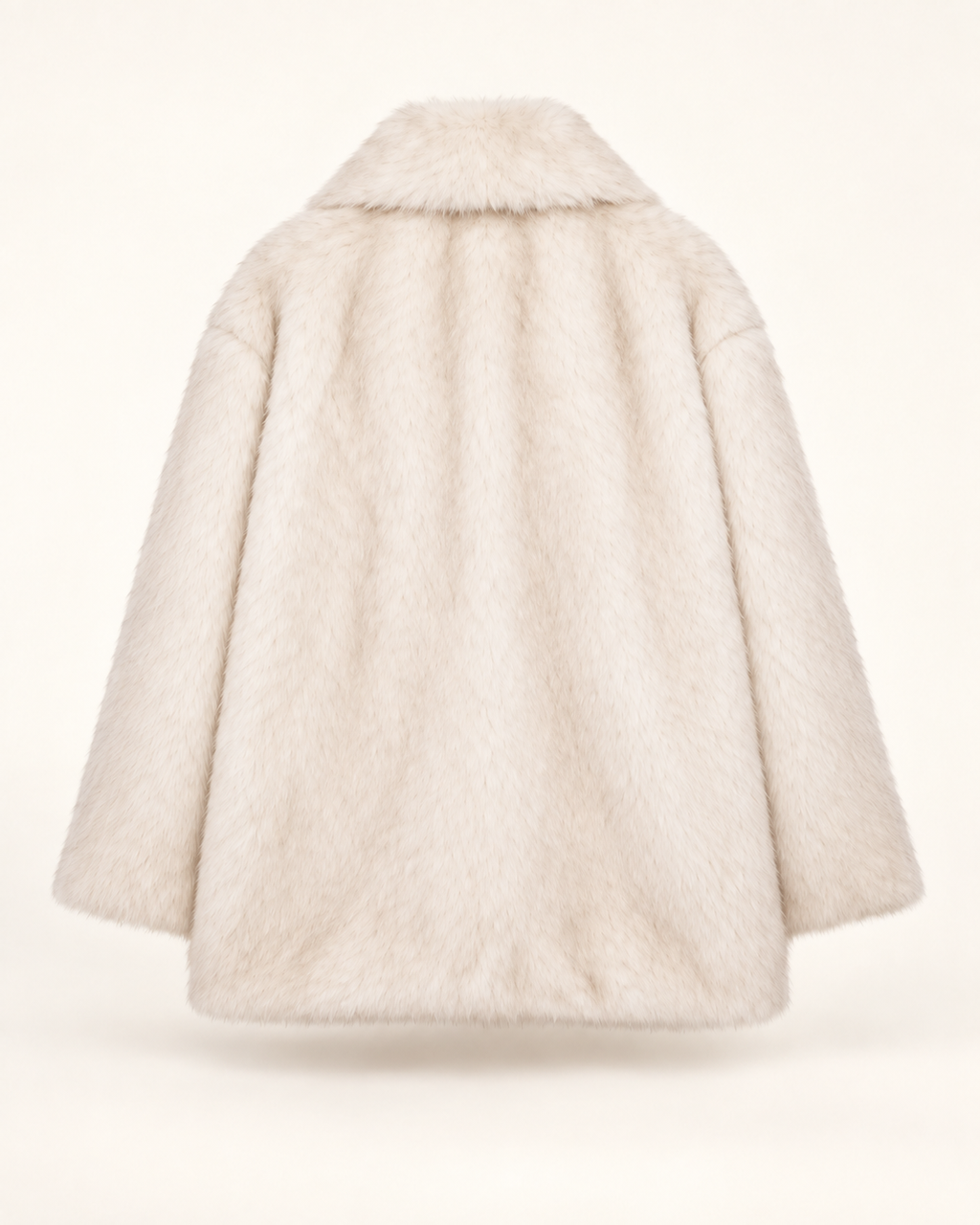 ivory plush faux fur coat, back view