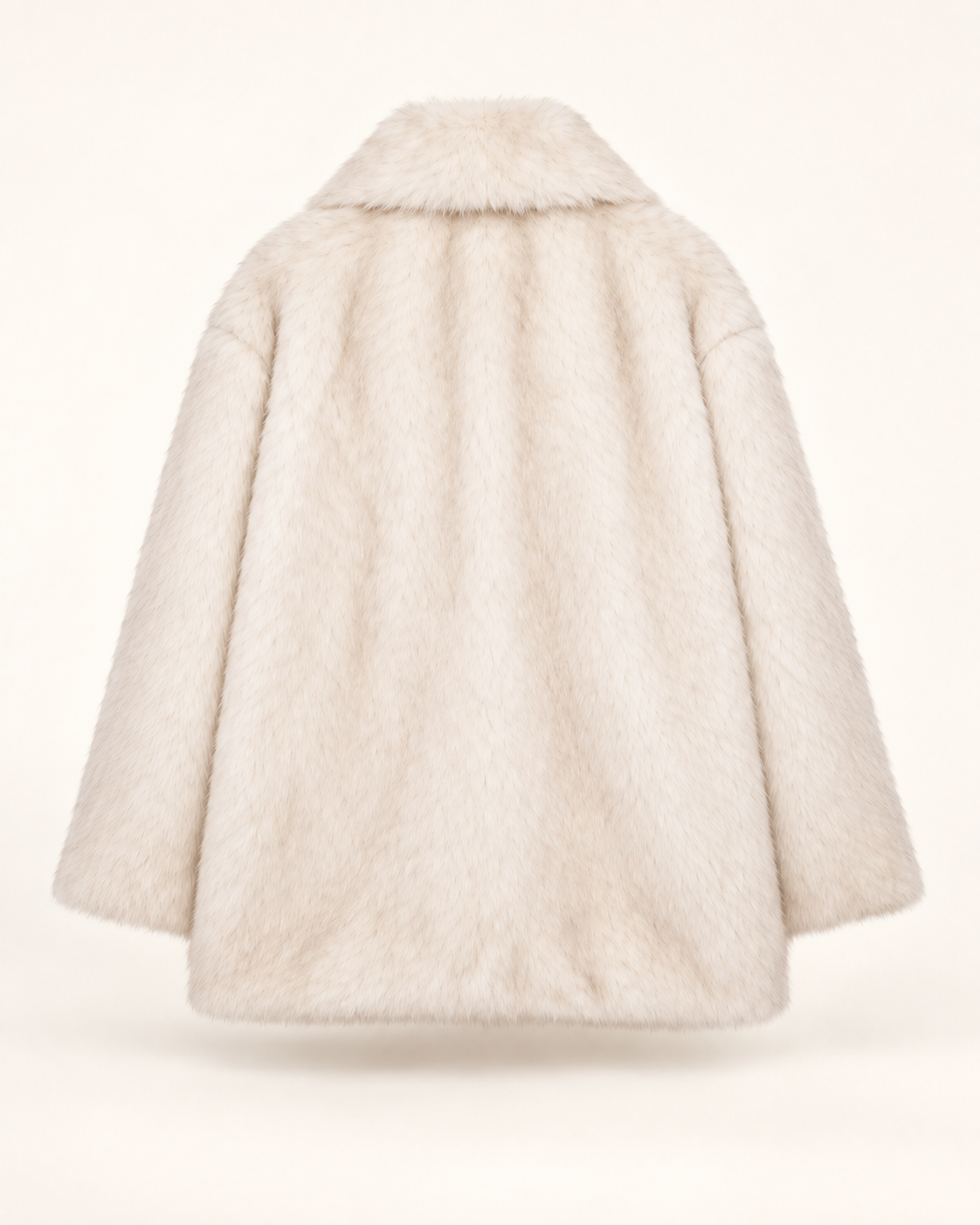 ivory plush faux fur coat, back view