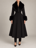 black calf-length A-line coat with full skirt, fitted waist, black faux-fur collar and cuffs, front view on a model