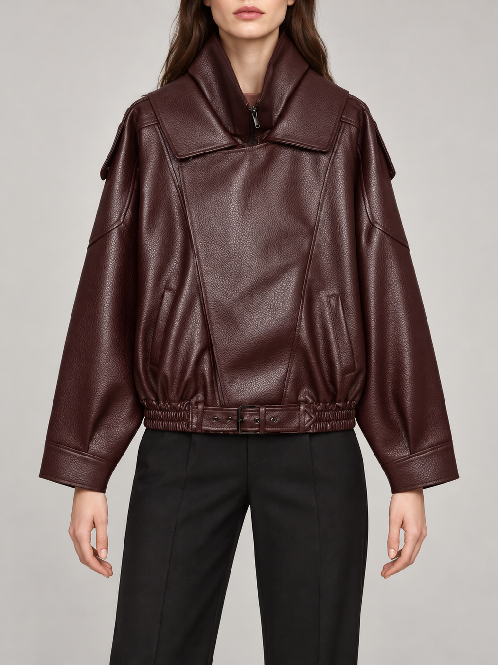 Burgundy faux-leather jacket with belted elastic hem, front view