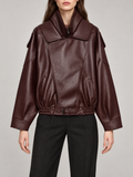 Burgundy faux-leather jacket with belted elastic hem, front view