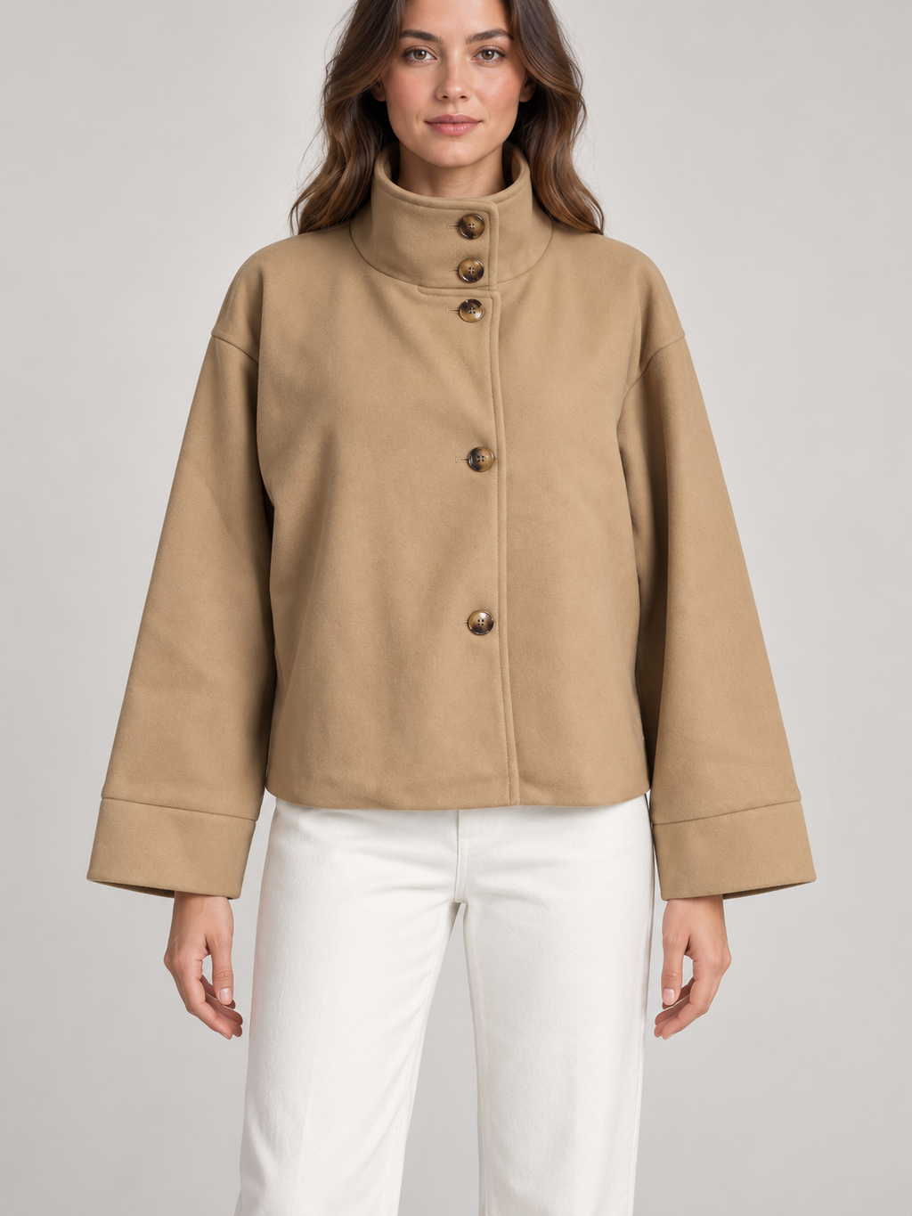 Khaki Style 2 stand-collar boxy jacket, front view