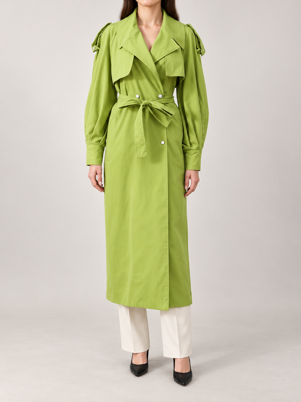 Green cape-collar trench on a model, front view