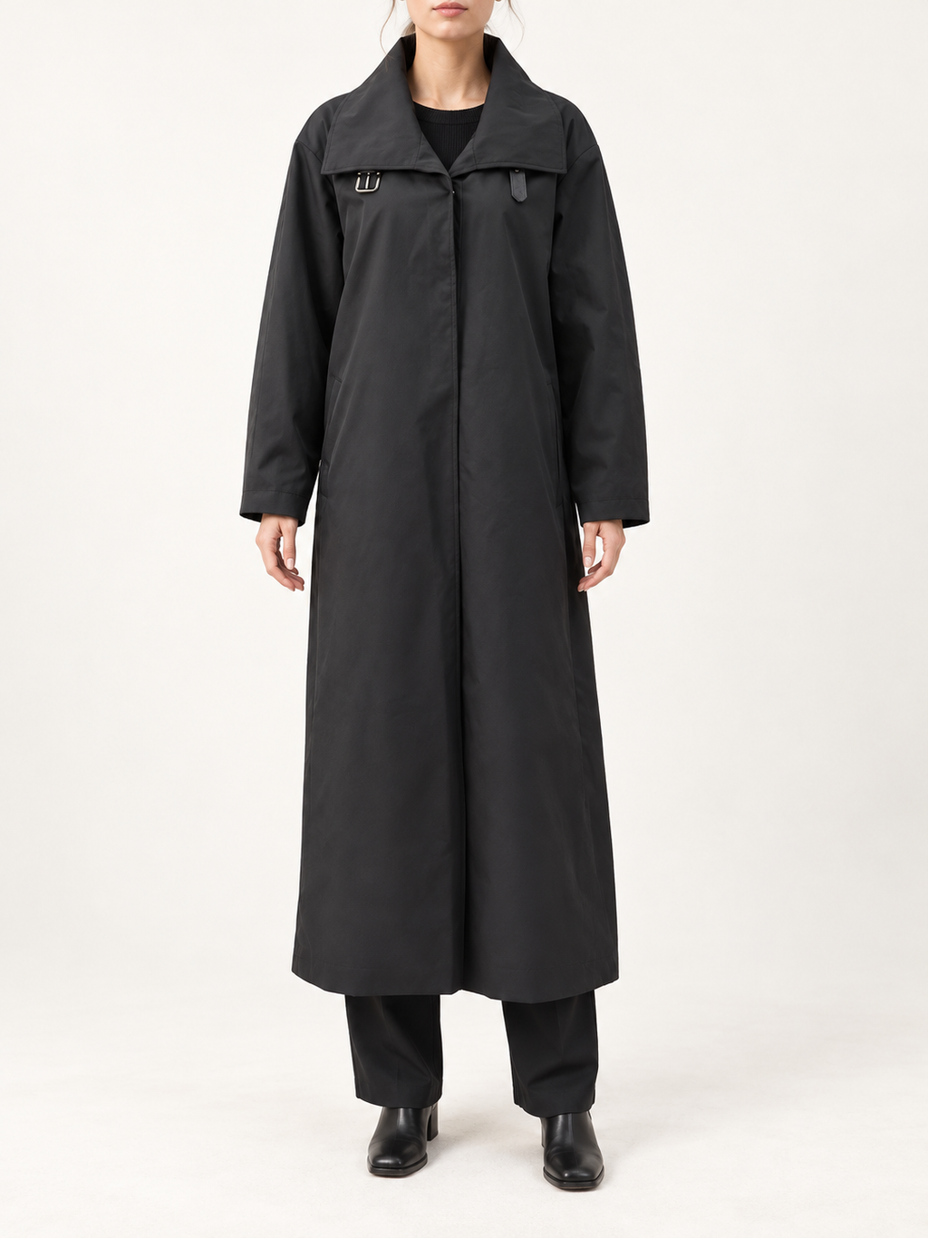 Black long high-collar trench coat, front view