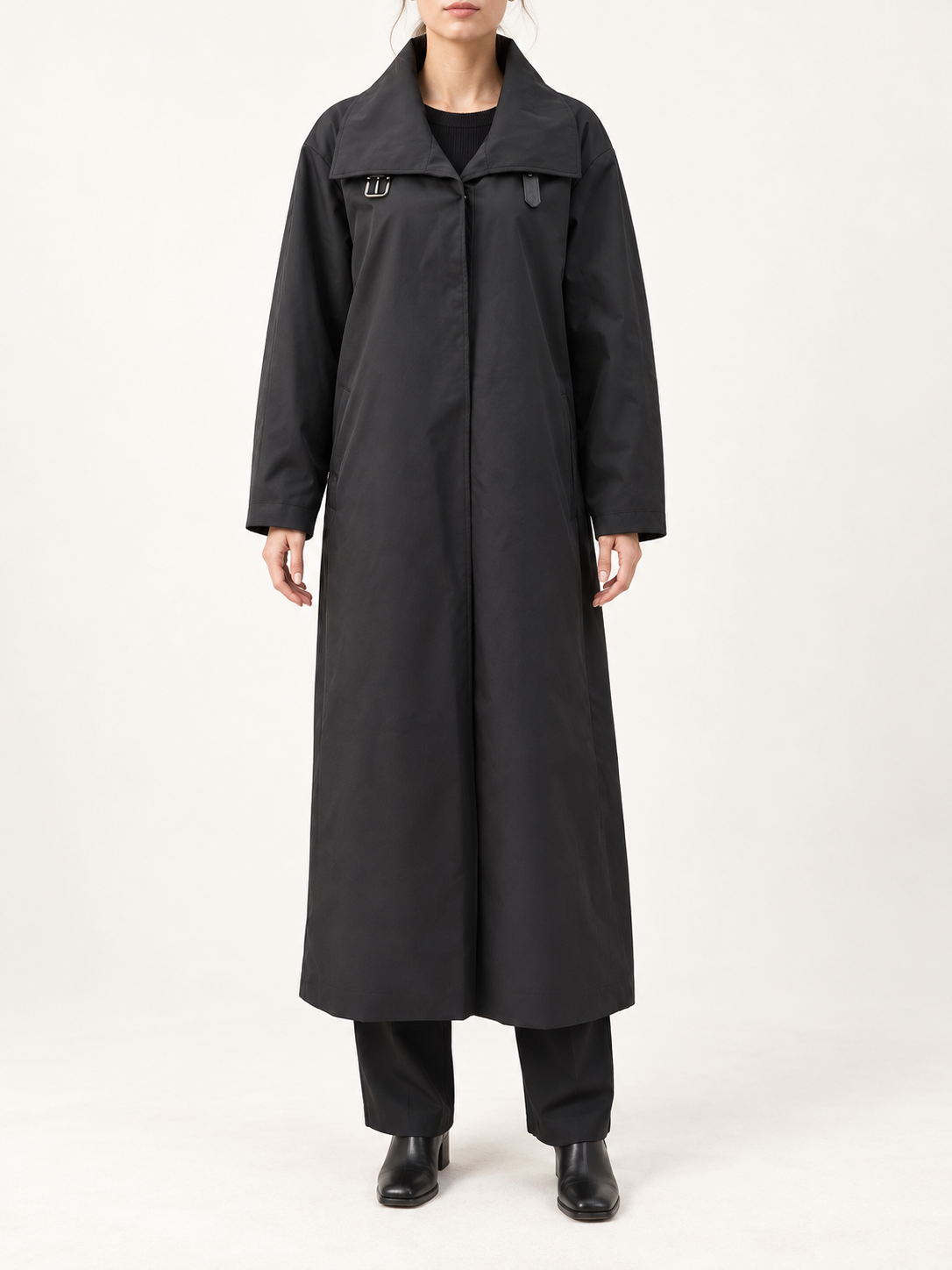 Black long high-collar trench coat, front view