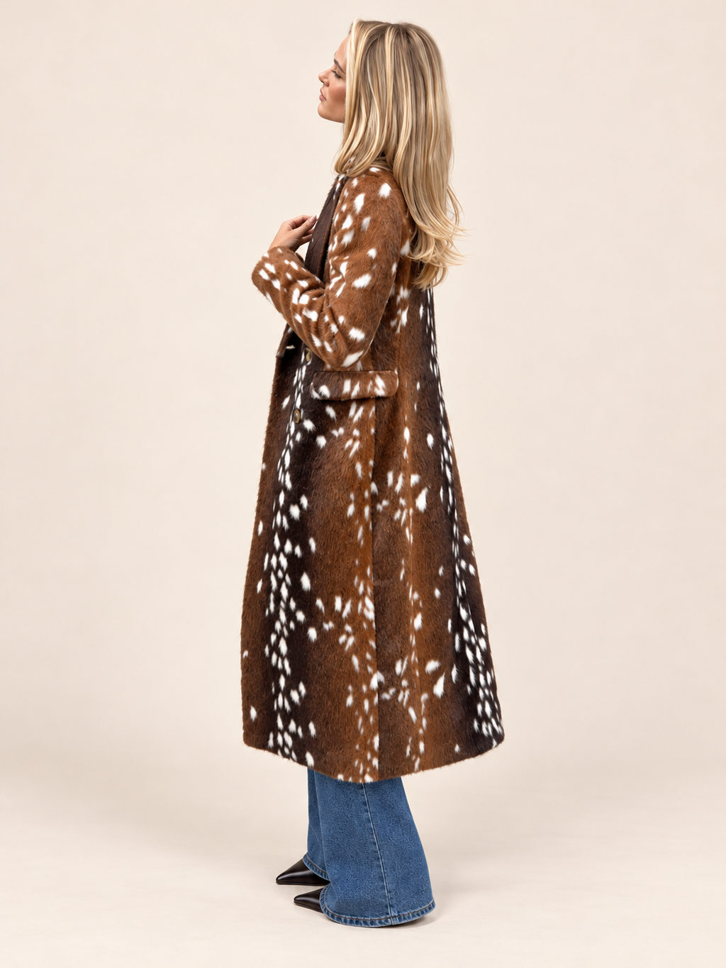 Brown deer-print long faux-fur coat, side and rear three-quarter view on a model