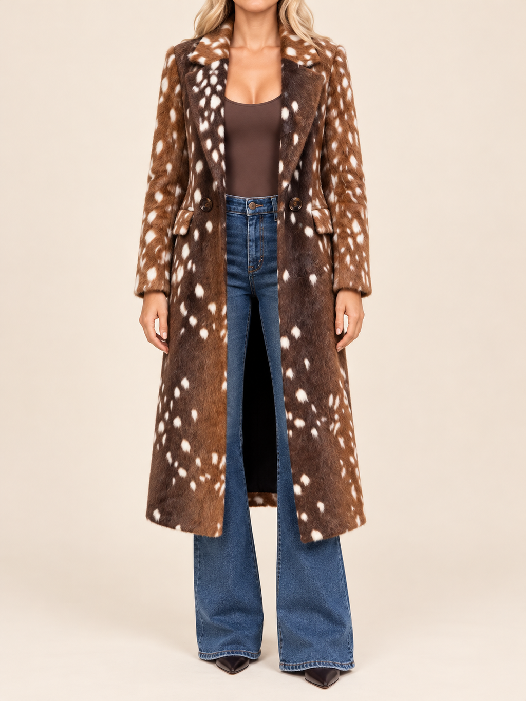 Brown deer-print long faux-fur coat, front view