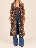 Brown deer-print long faux-fur coat, front view