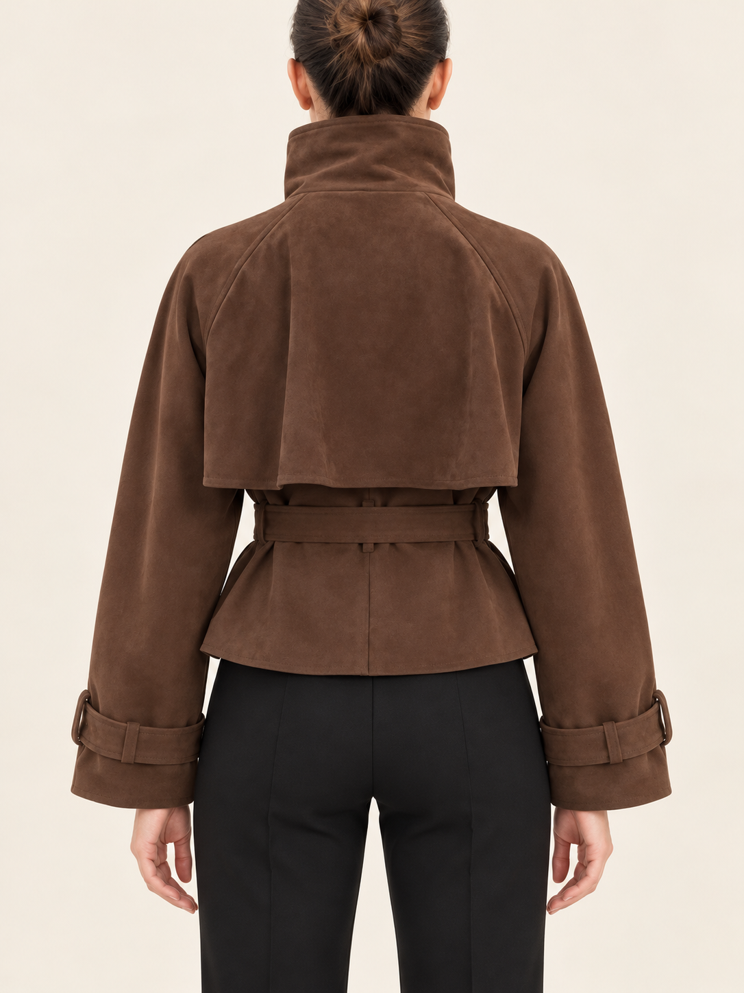 Brown cropped suede-touch belted jacket, back view