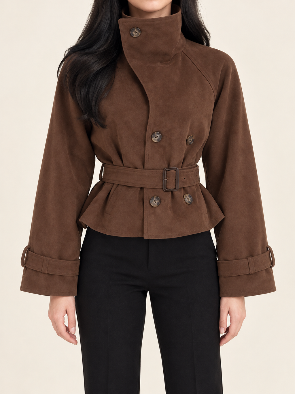 Brown cropped suede-touch belted jacket, front view