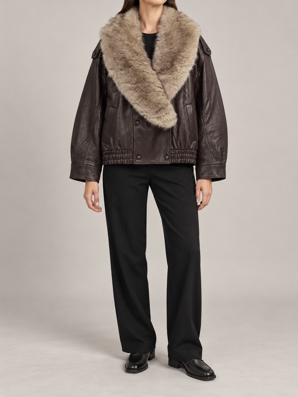 dark brown leather-look short jacket, front view on a model