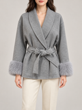 Grey 2 short wrap jacket with tie belt and faux-fur cuffs, front view