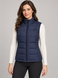 Blue quilted heated vest, front view