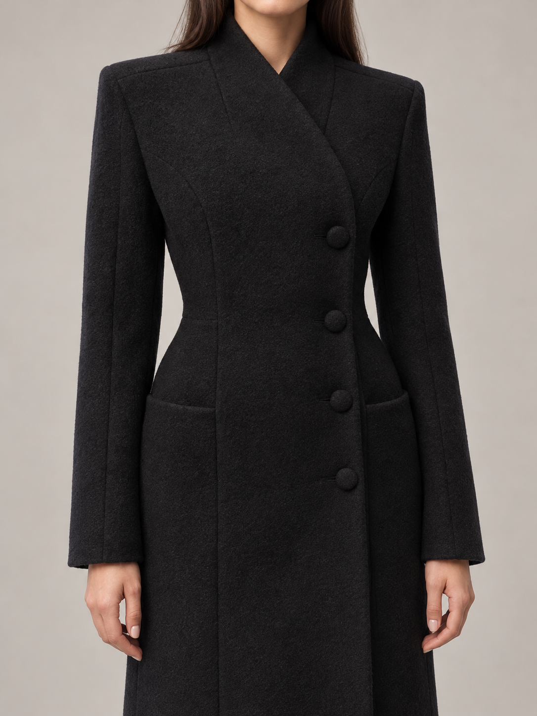 Black II fitted high-neck coat, front detail, front view