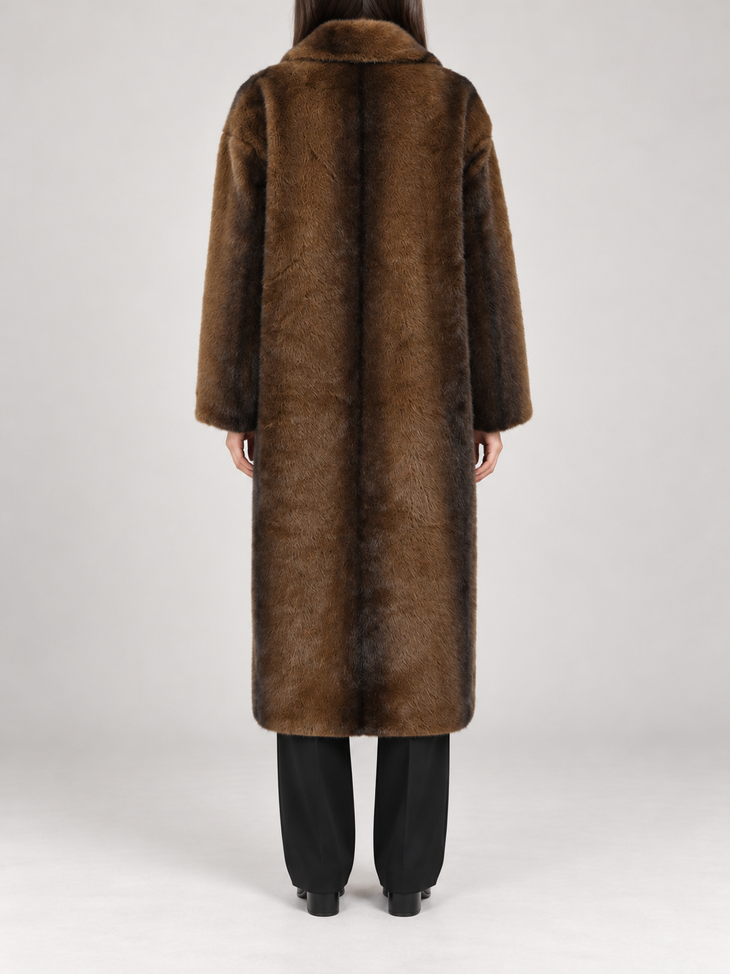 brown long faux-fur lapel coat, exact vertical fur shading, long sleeves and calf-length roomy silhouette, back view on a model