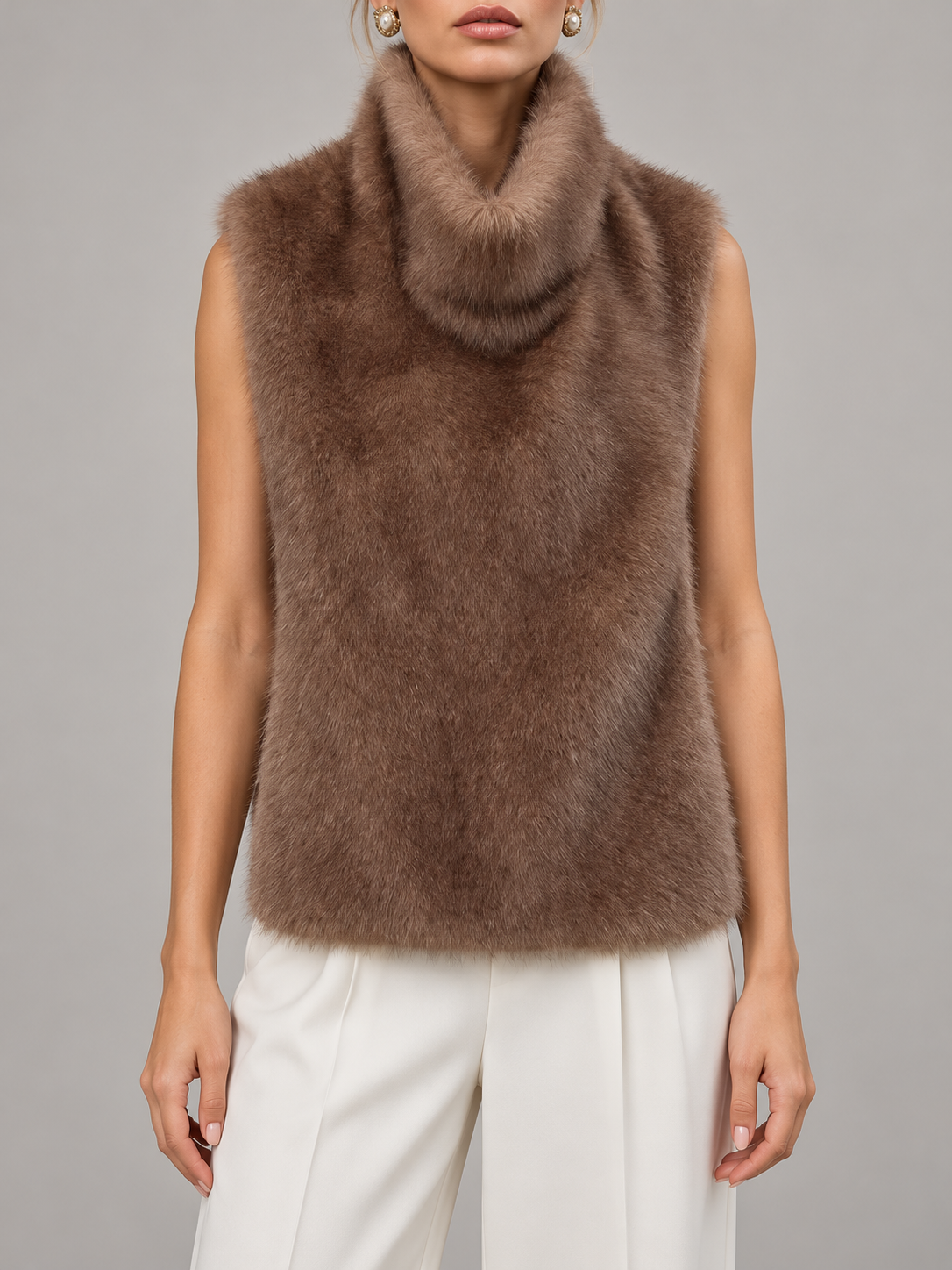brown sleeveless faux-fur pullover vest with draped collar, front view