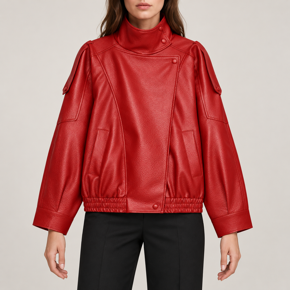 Red leather-look stand-collar jacket, front view