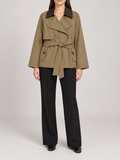 olive-khaki short belted trench with dark brown leather-look contrasting collar, broad lapels, buttoned flap pockets, front view on a model