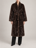 dark brown long faux-fur wrap coat with matching waist tie, slim rounded shawl collar, broad straight sleeves, front view on a model