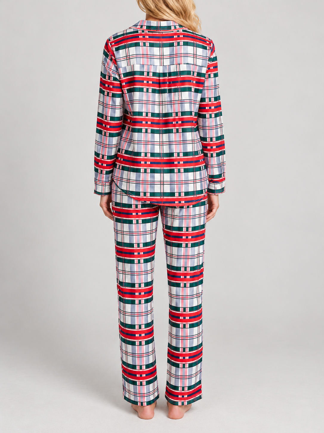 red white and dark green plaid button-front pajama set, back view