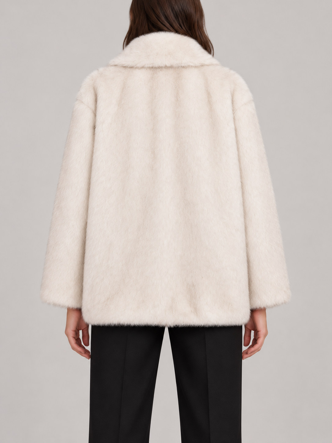 ivory short plush faux-fur coat with broad notched collar, back view