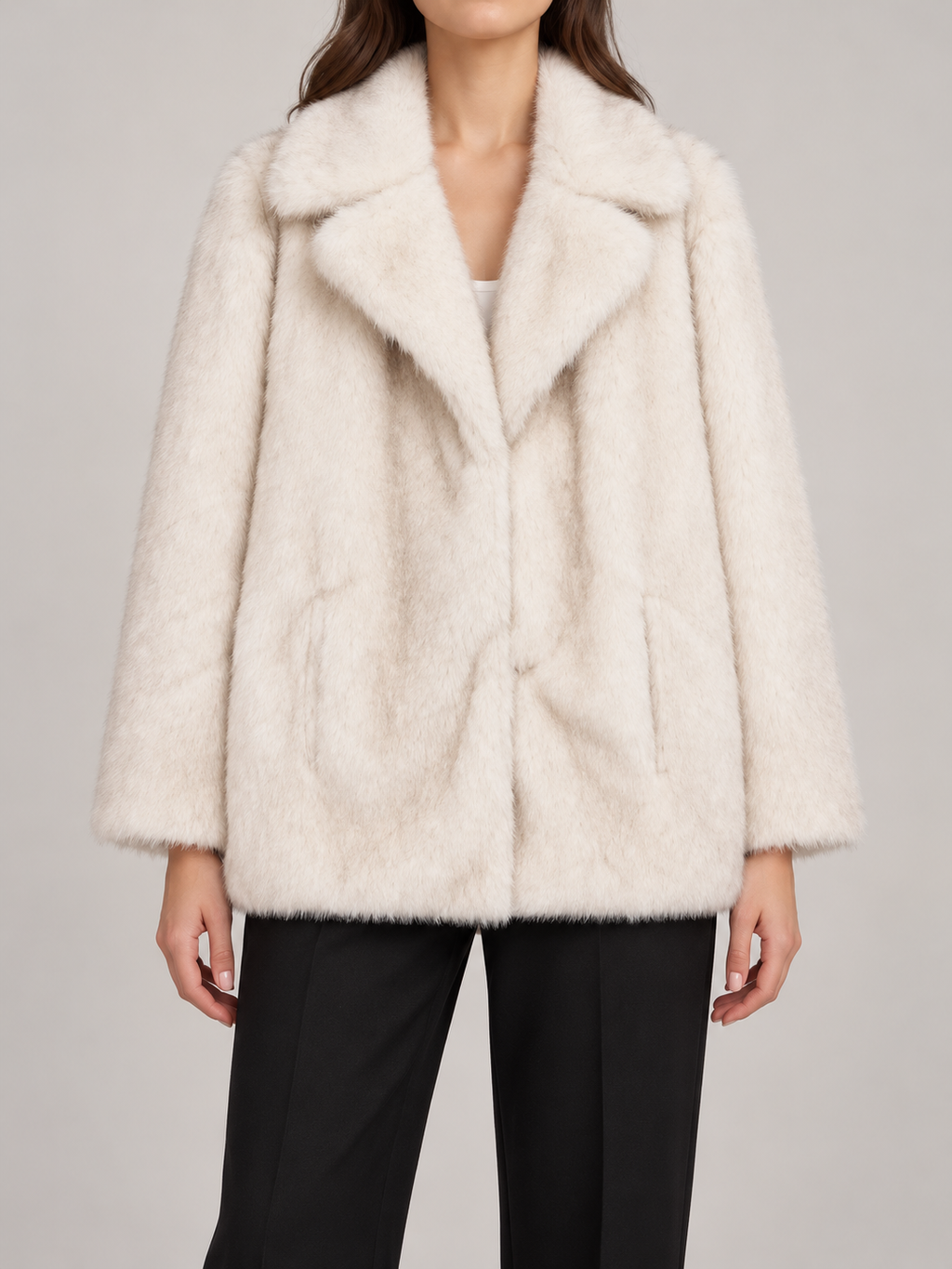 ivory short plush faux-fur coat with broad notched collar, front view