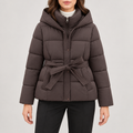 Dark brown hooded quilted jacket with tie belt, front view