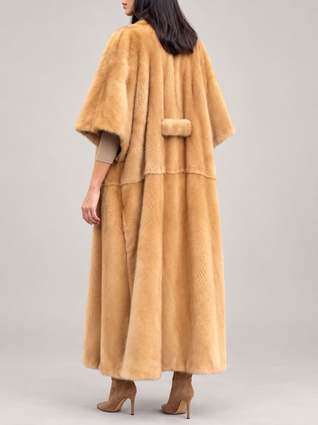Brown long faux-fur shawl coat, rear three-quarter view