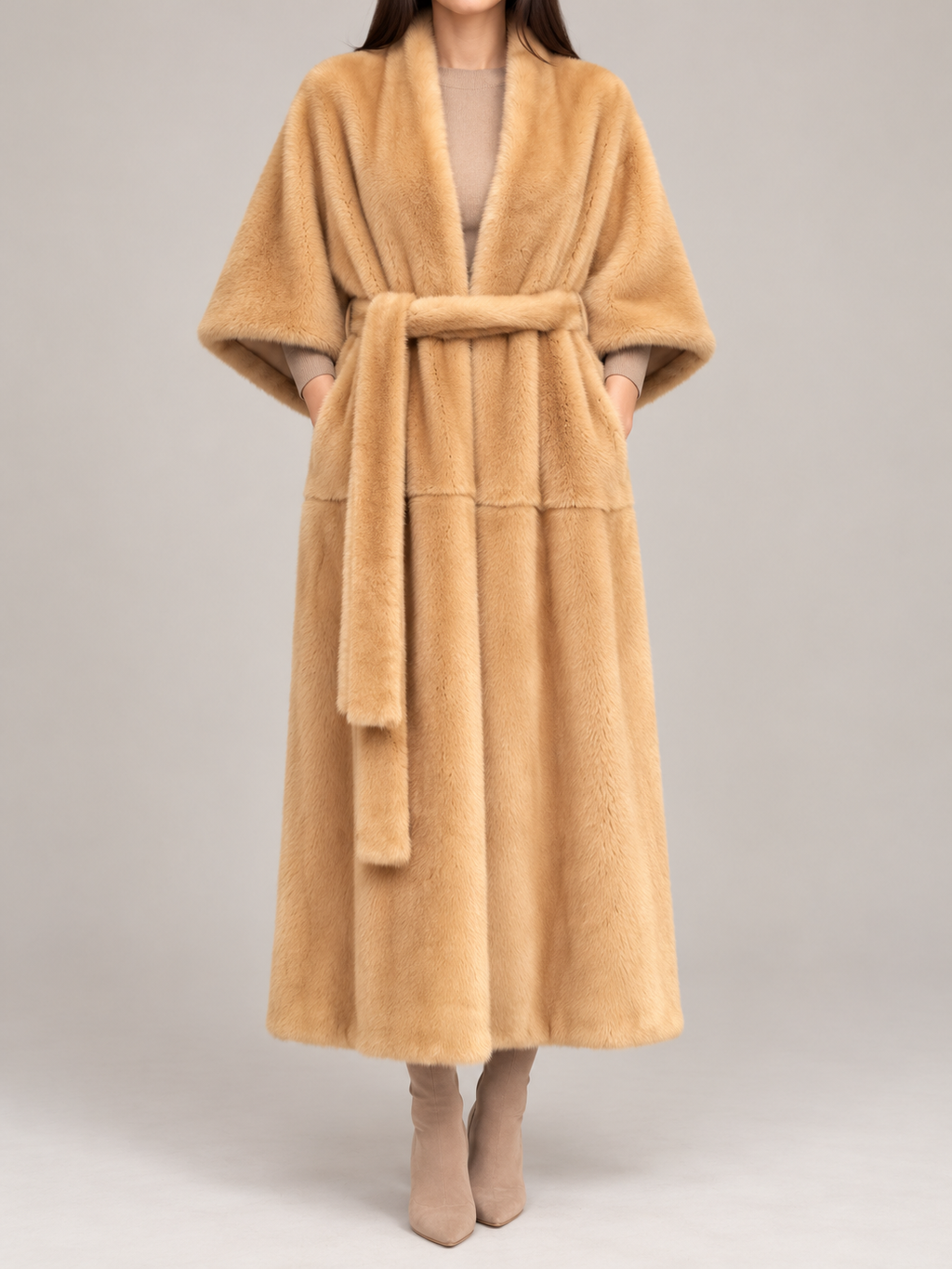camel faux-fur long shawl wrap coat with wide elbow-length sleeves, front view on a model