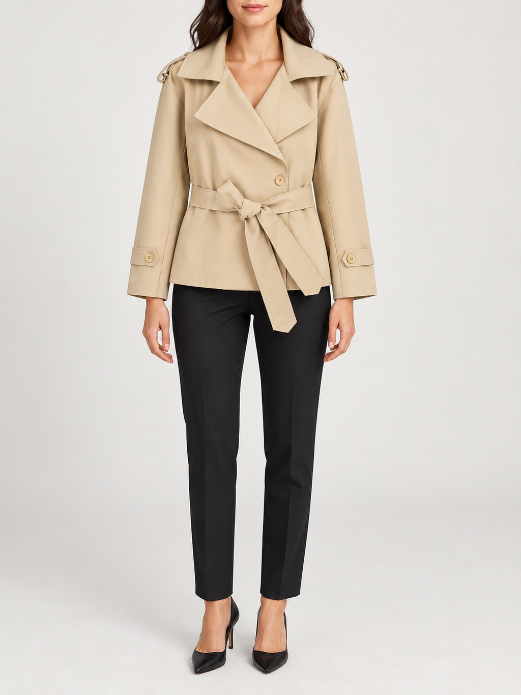 beige short double-breasted belted trench coat, front view on a model