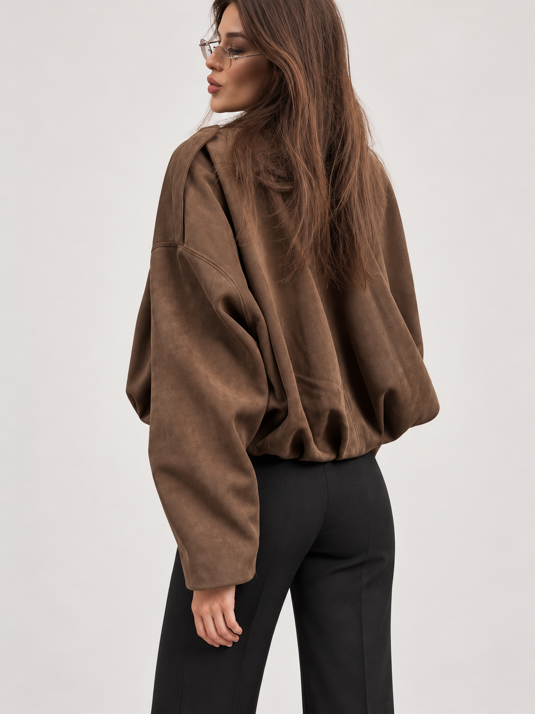 Brown suede-touch cropped bomber, rear three-quarter view