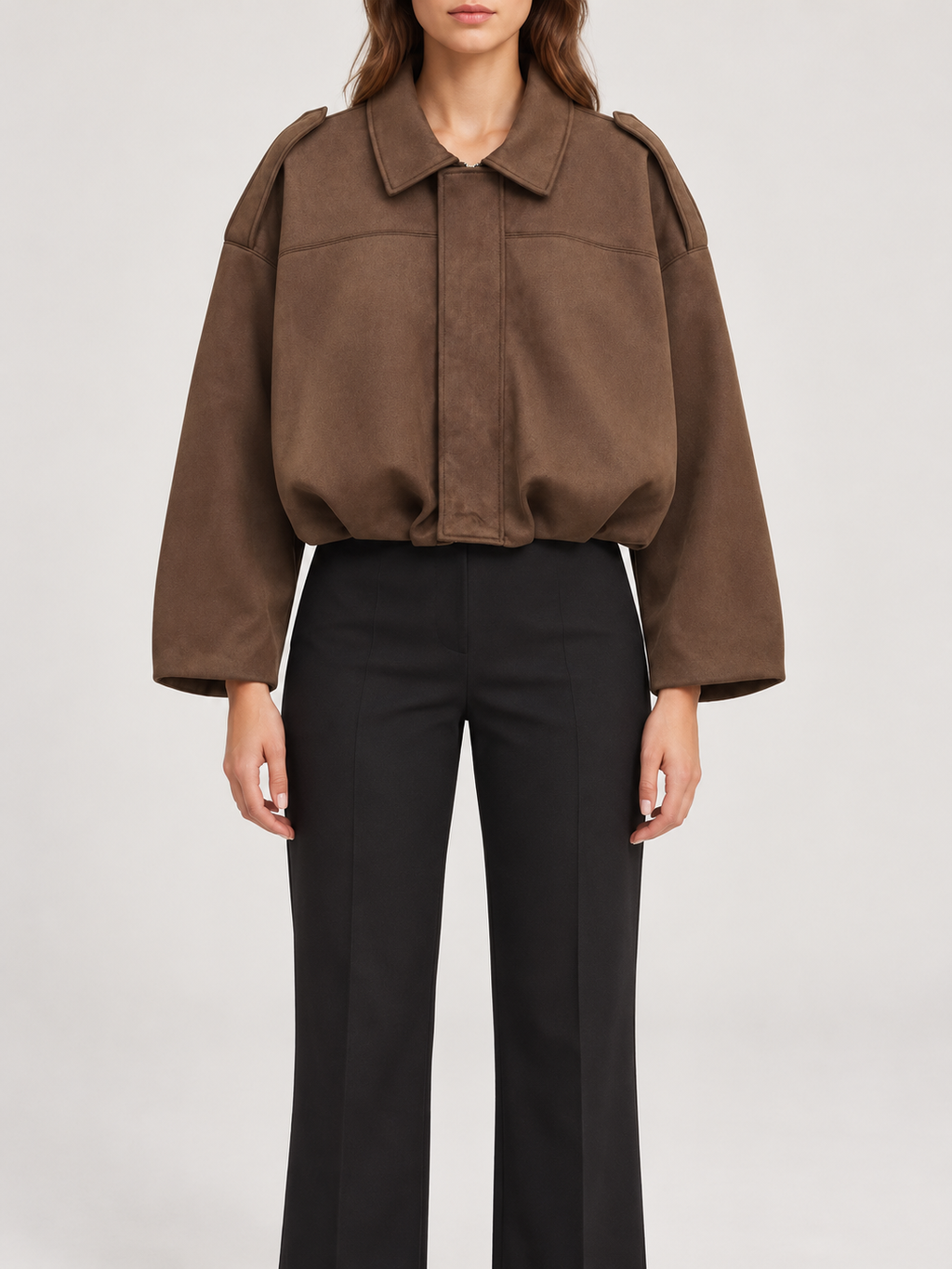 brown suede-touch cropped bomber with voluminous sleeves and gathered hem, front view on a model