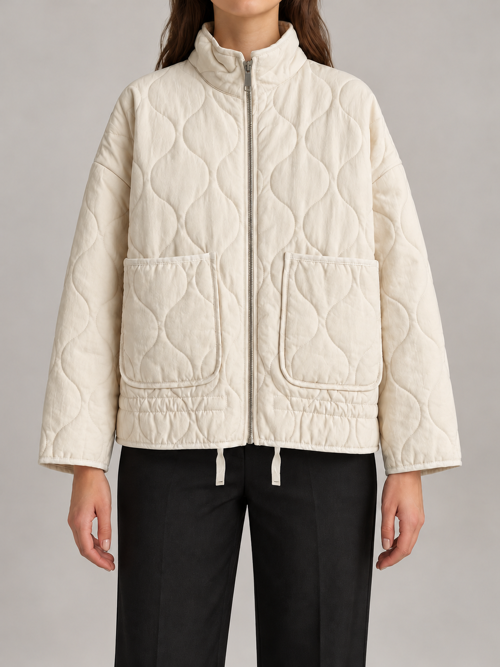ivory wave-quilted stand-collar jacket with two large patch pockets, front view