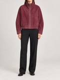 wine burgundy suede-touch stand collar zip-front short jacket with elasticated hem, front view on a model