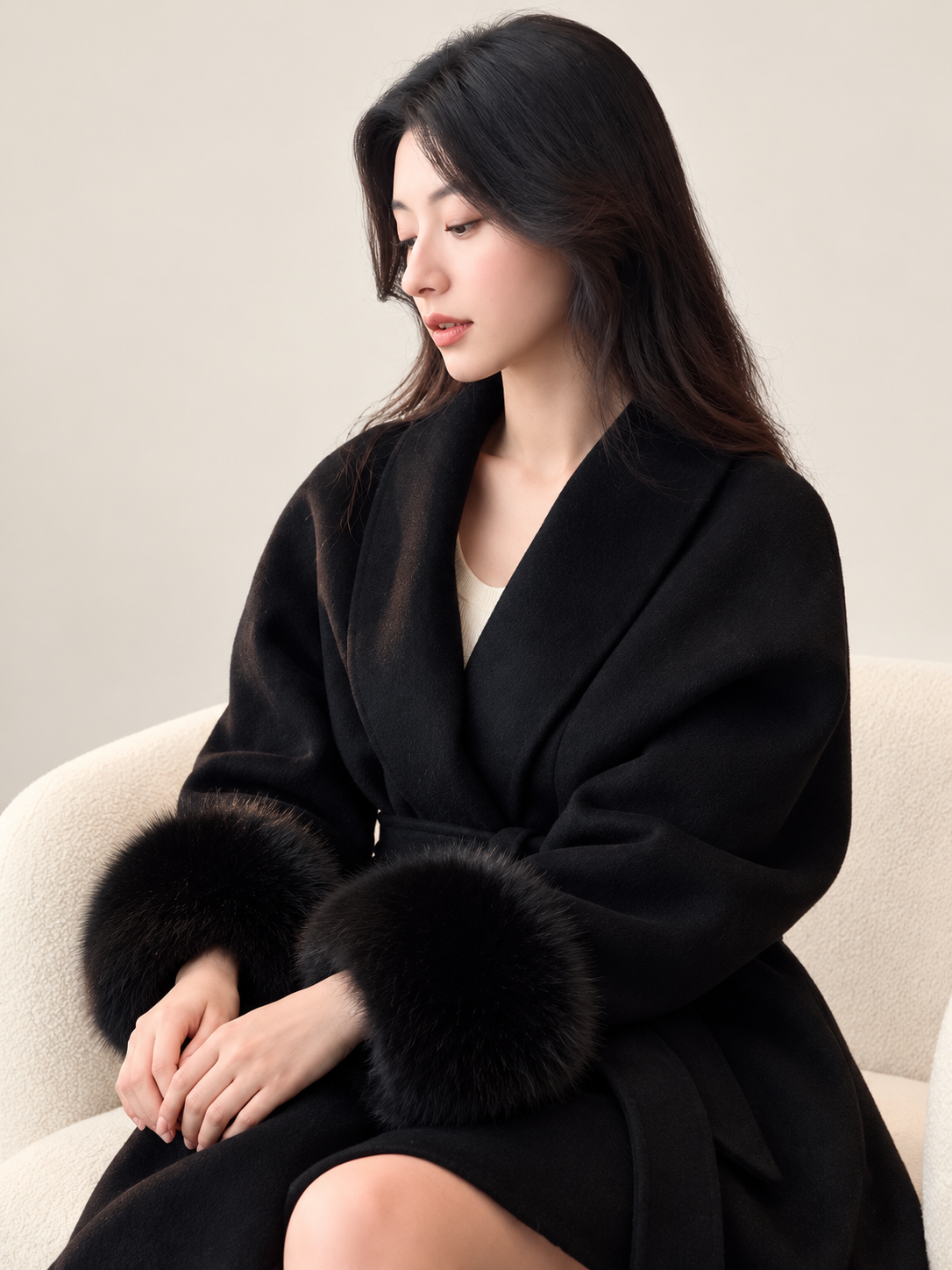 Black wrap coat with faux-fur cuffs, seated front detail, front view