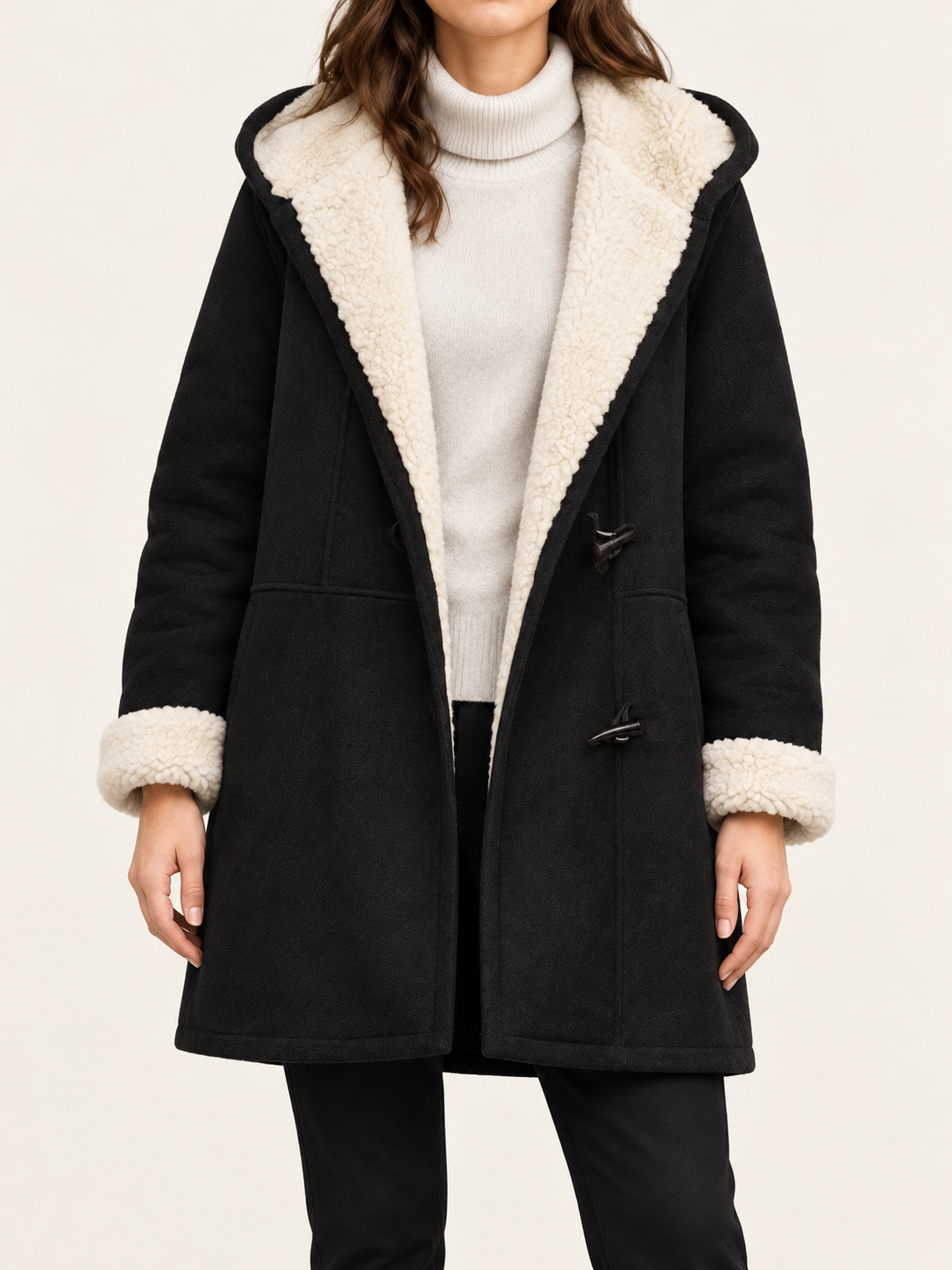 Black hooded toggle parka, front view on a model