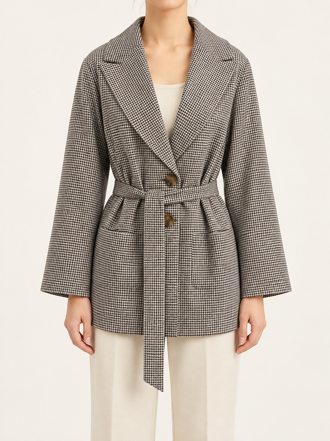 Pattern B belted jacket, front view on model