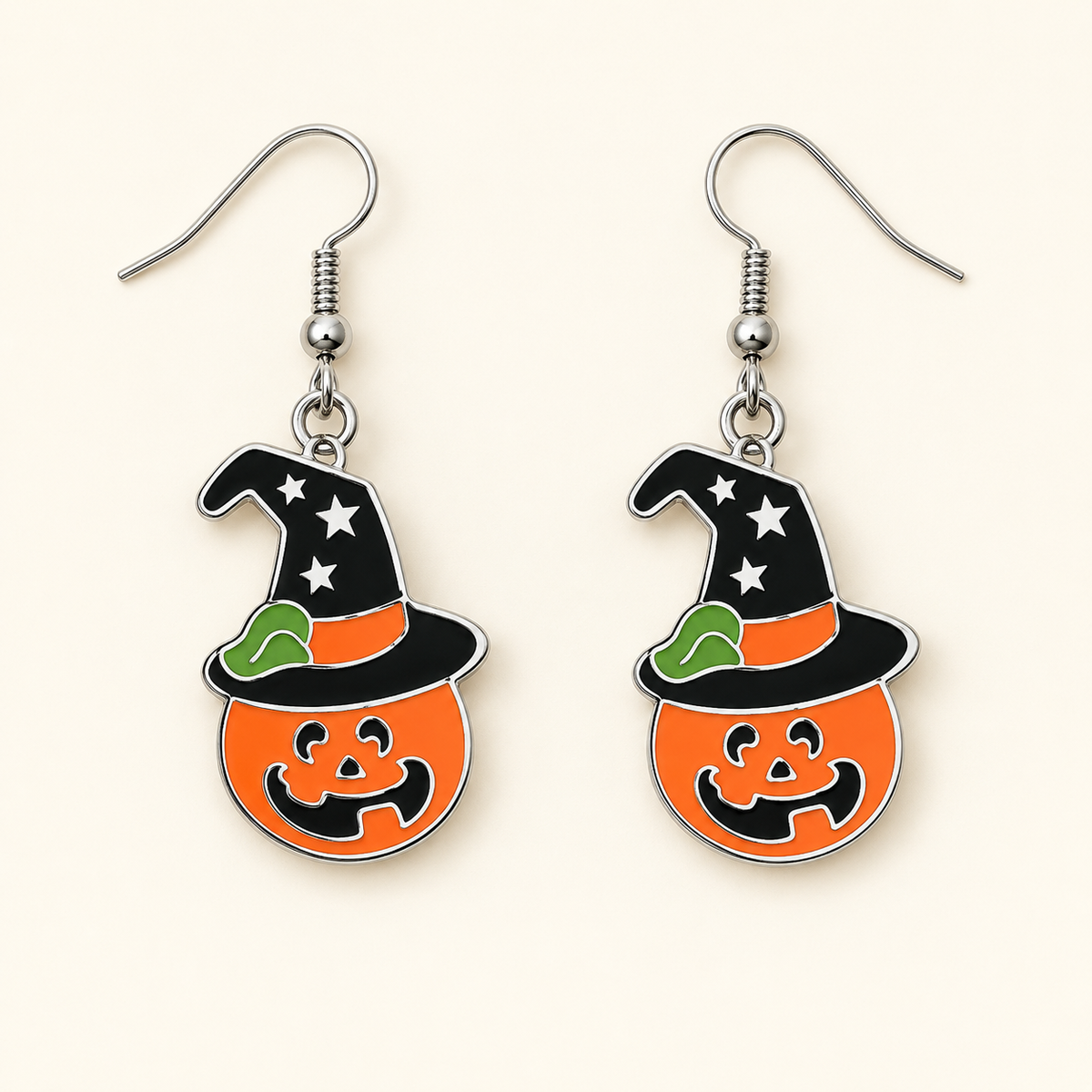 AI-assisted front view of the orange pumpkin and black witch-hat earring pair