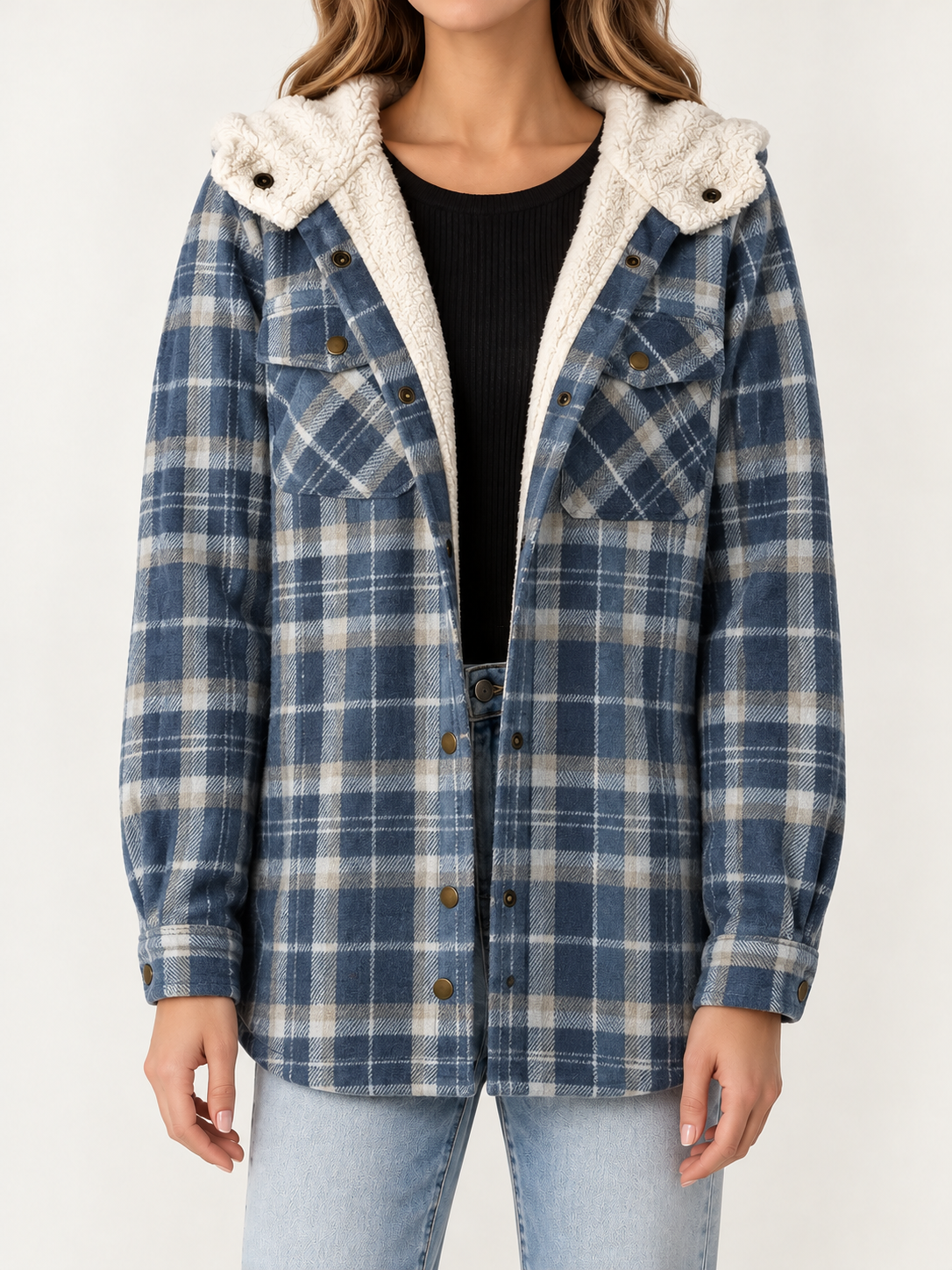 Blue Plaid sherpa-lined shacket, front view on a model