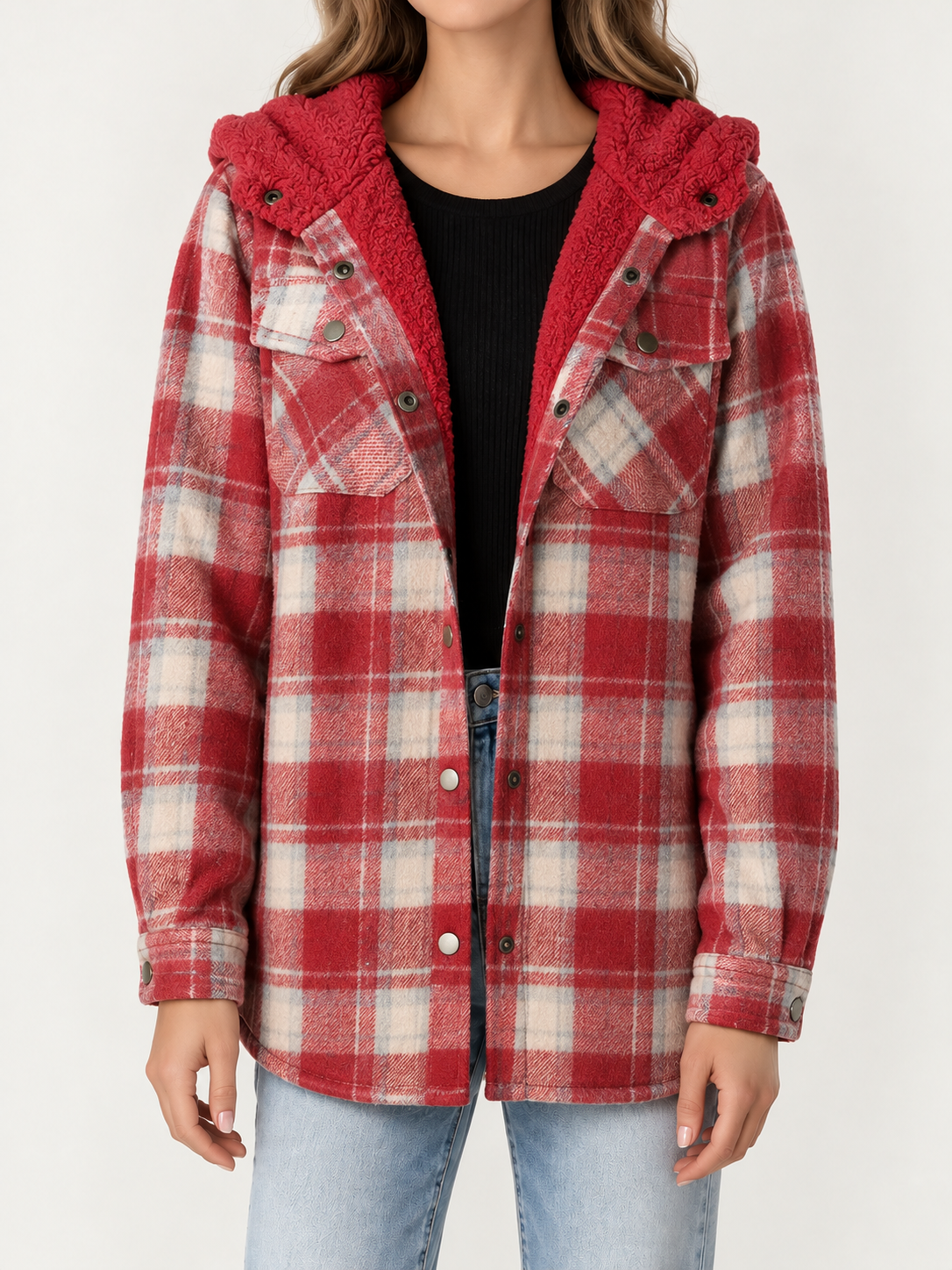 Red Plaid sherpa-lined shacket, front view on a model