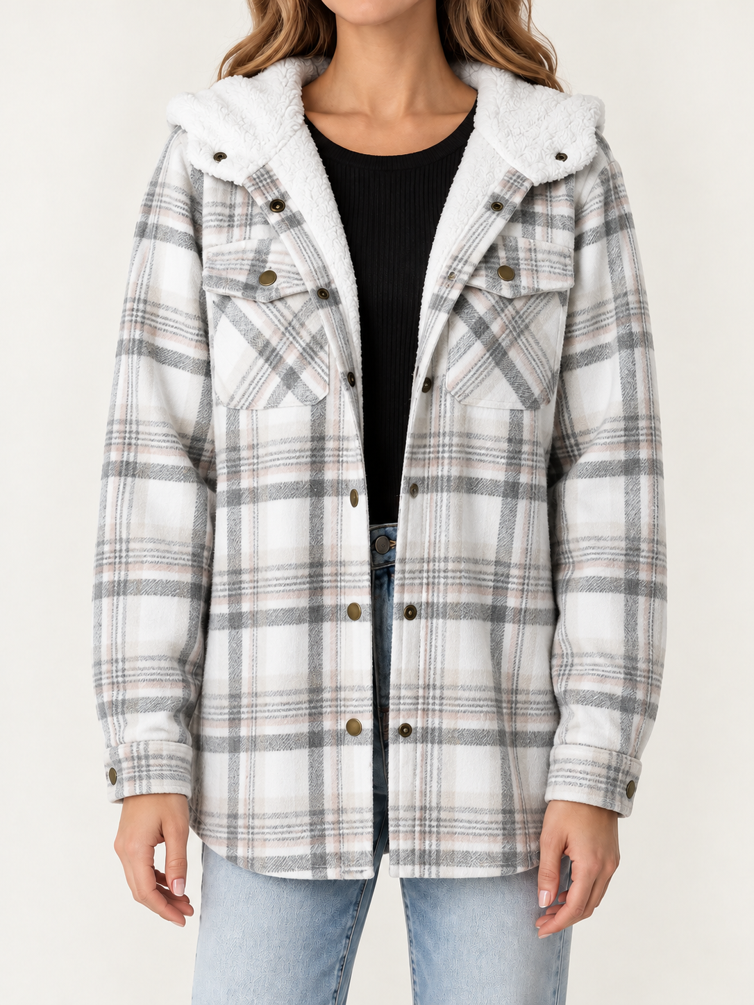 White Plaid sherpa-lined shacket, front view on a model