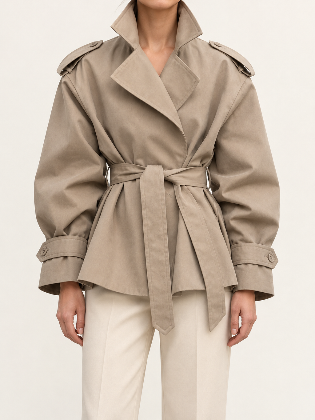 Khaki short belted trench, front view on model